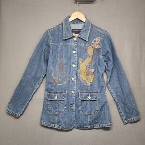 Womens Denim Shirt Jacket Medium Blue Leaves Applique Embroidered Boho Artsy